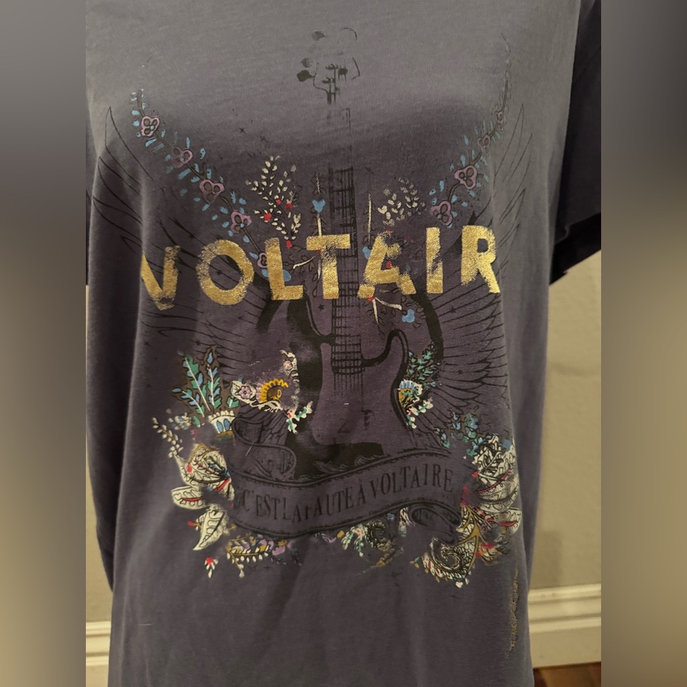Zadig & Voltaire Charcoal Tee with Gold Logo and Floral Guitar Graphic - Picture 2 of 5
